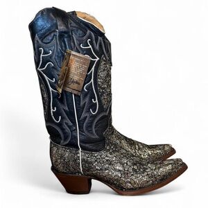 Yadira Black Leather and Silver Cowboy Boots